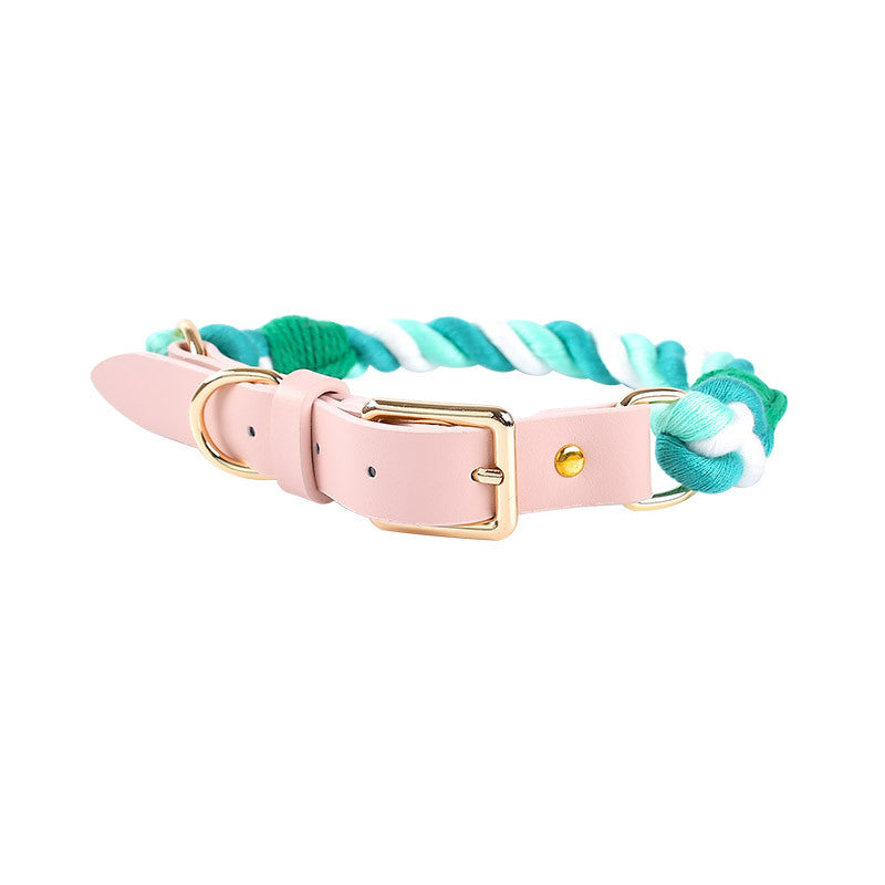 Hand Woven Cotton Rope Leather Pu Collar Pet Collar