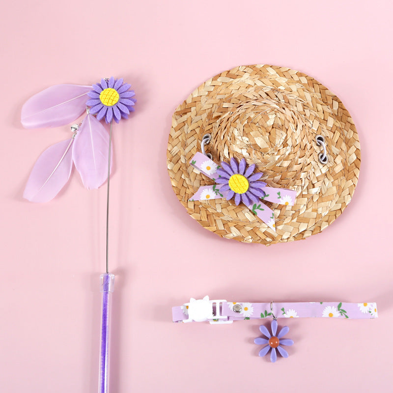 Small Daisy Sun Flower Bell Funny Cat Stick Collar Bow Straw Hat