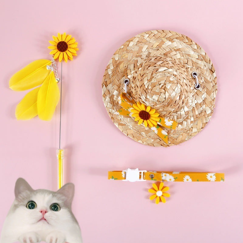 Small Daisy Sun Flower Bell Funny Cat Stick Collar Bow Straw Hat