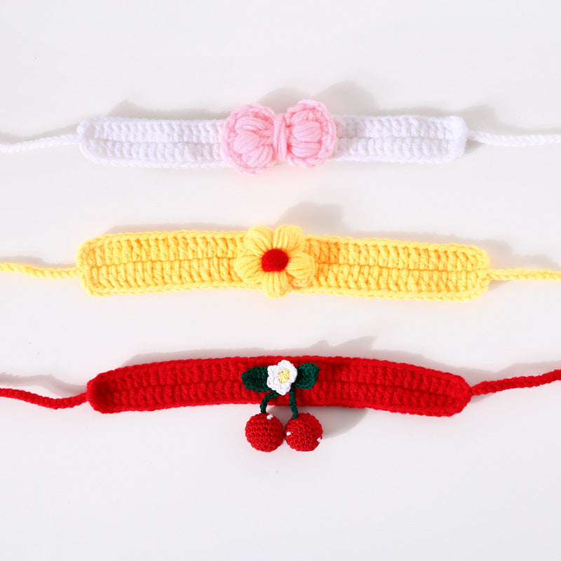 Pet Hand Knitted Wool Cherry Flower Bow Adjustable Cat Dog Cole Duck Collar Accessories Gift Box