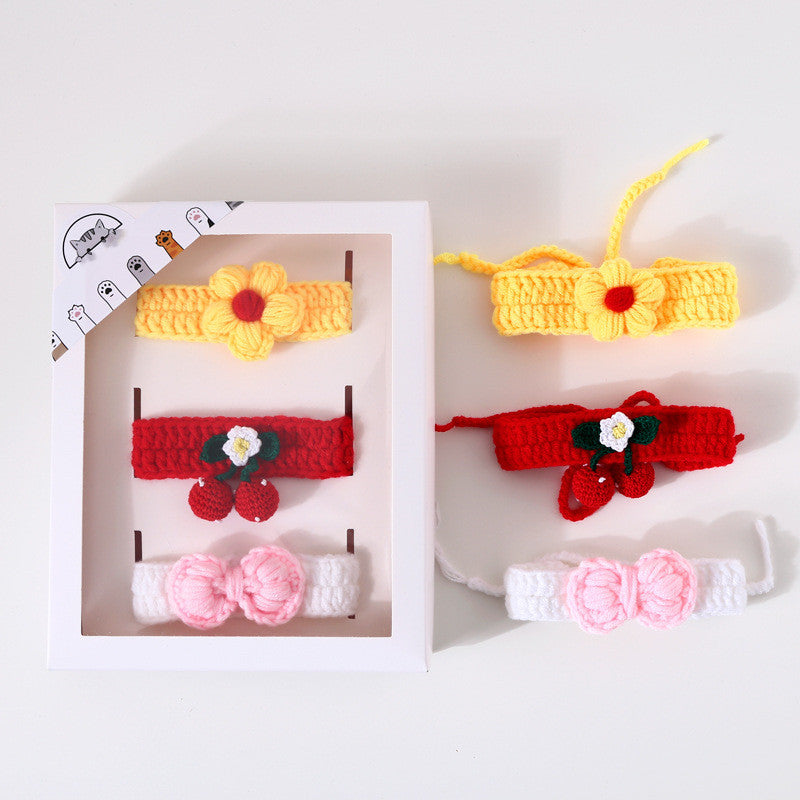 Pet Hand Knitted Wool Cherry Flower Bow Adjustable Cat Dog Cole Duck Collar Accessories Gift Box