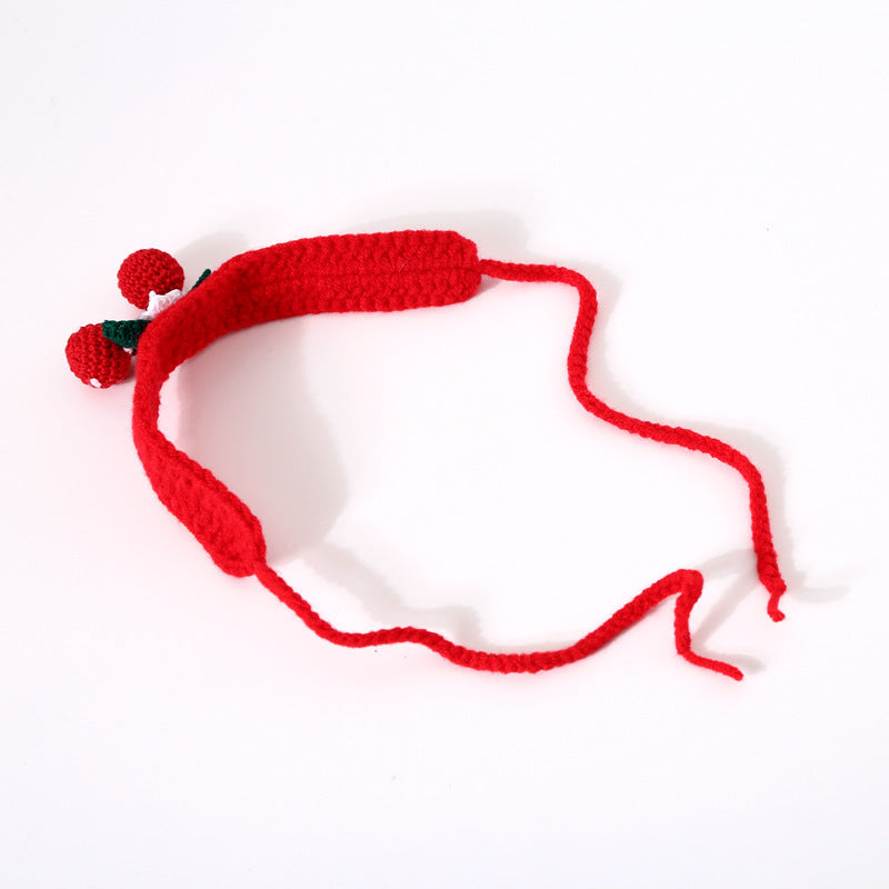 Pet Hand Knitted Wool Cherry Flower Bow Adjustable Cat Dog Cole Duck Collar Accessories Gift Box