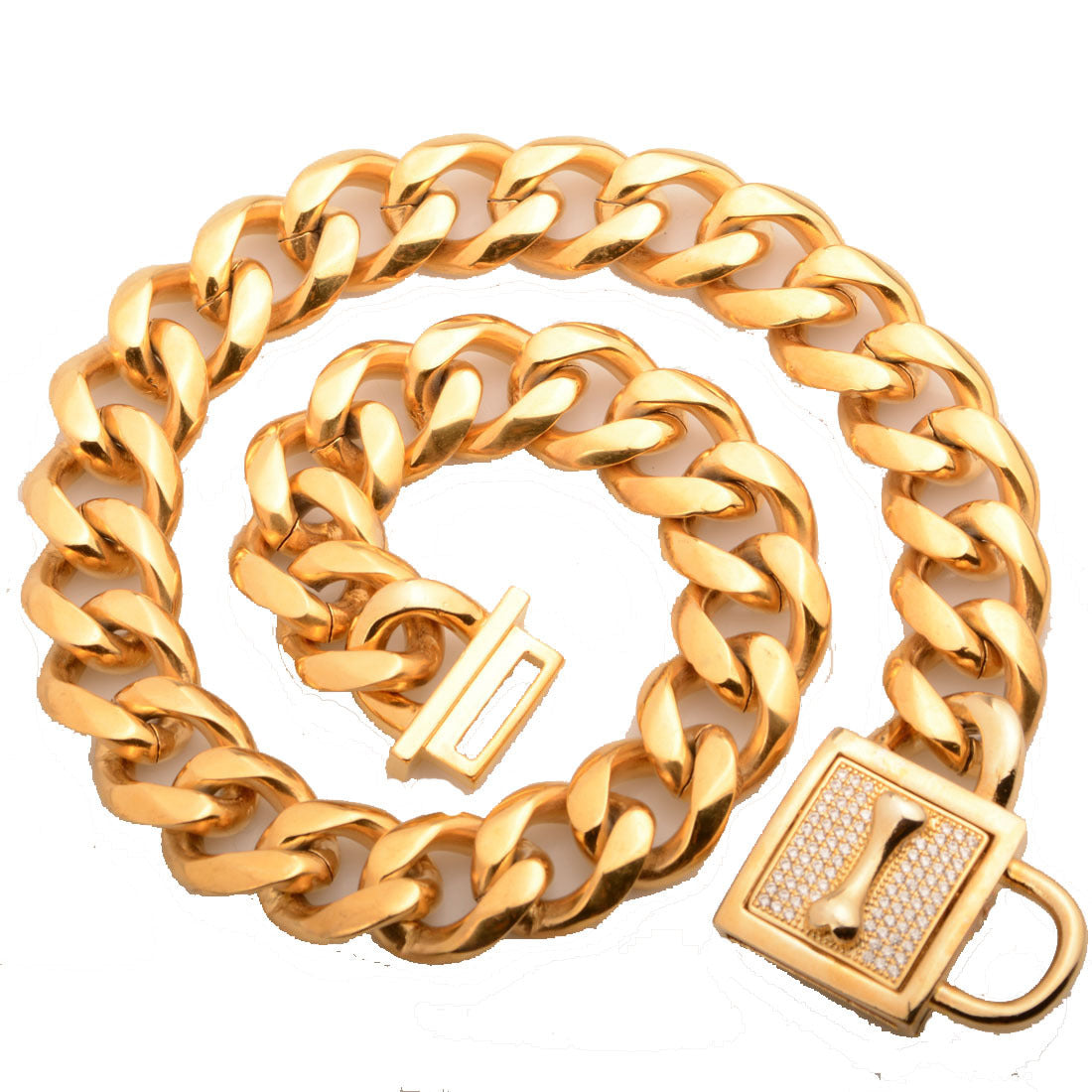 19Mm New Titanium Steel Stainless Steel P Chain Golden Steel Color Six-Sided Grinding Micro-Inlaid White Diamond Button Dog Chain Enough Collar
