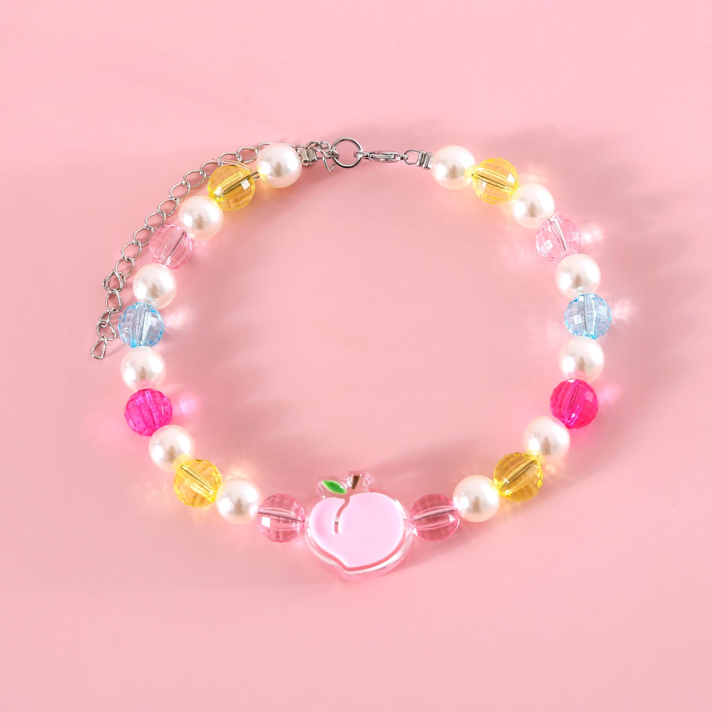 INS South Korea Colorful Pearl Pet Necklace Small Flower Rainbow Peach
