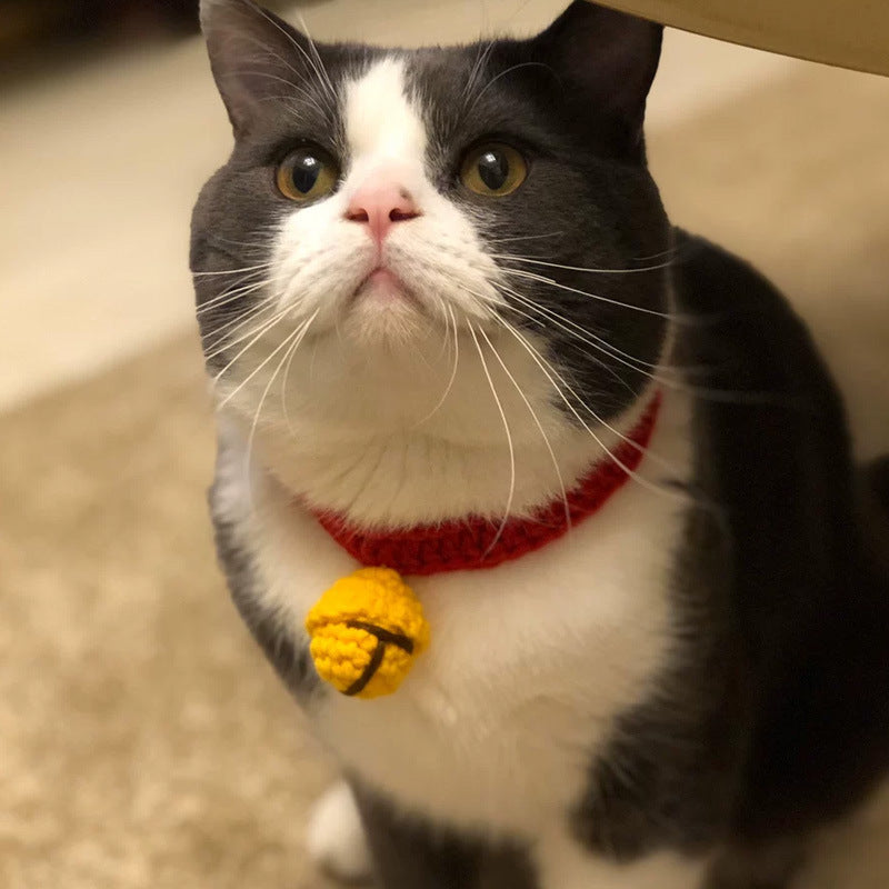 Adjustable Wool Cartoon Pet Collar – Red & Yellow | Festive Cat Collar for All Seasons