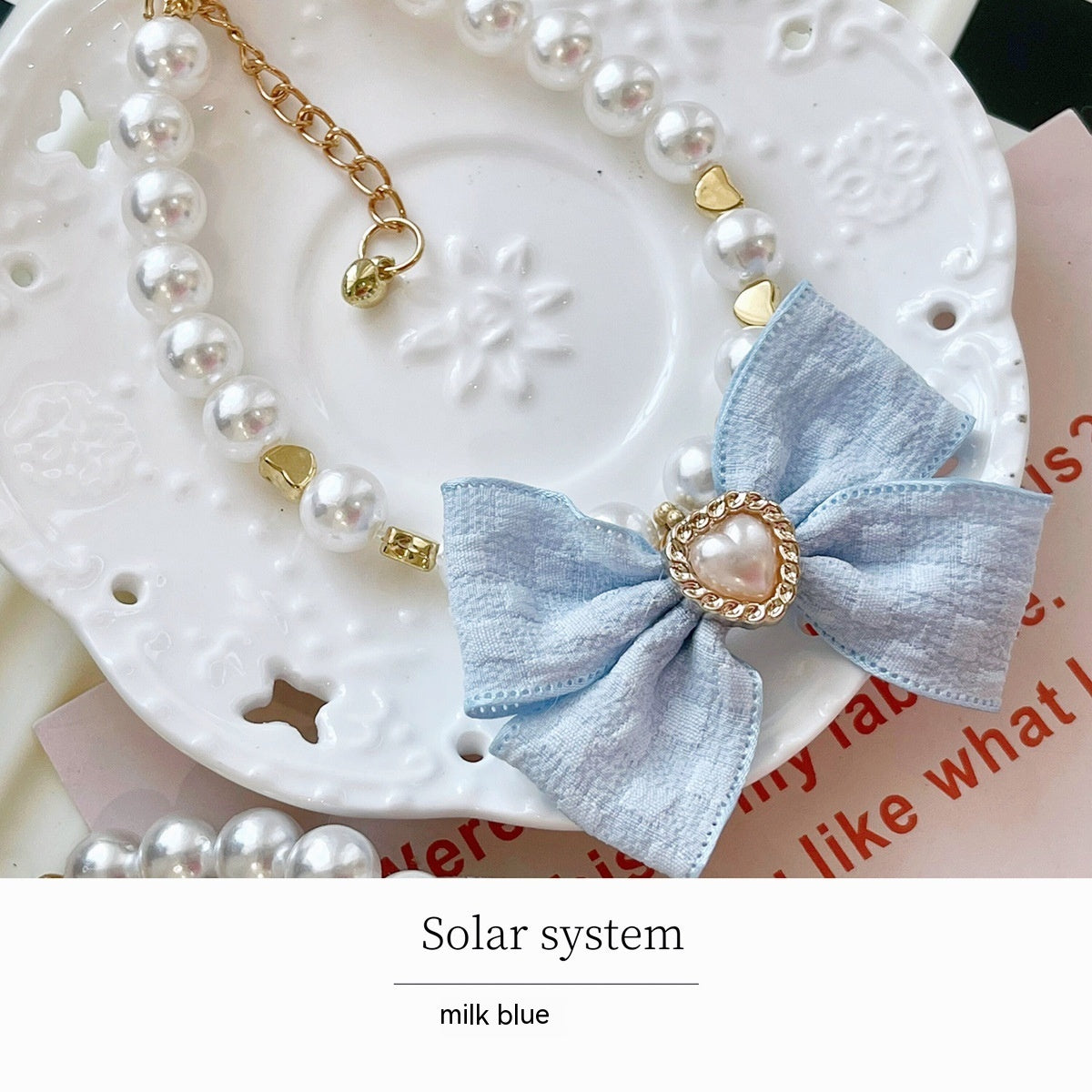 Ondaum Japanese Pet Necklace Pearl Collar Bow Jewelry - Elegant and Adjustable Pet Accessory for Style and Comfort