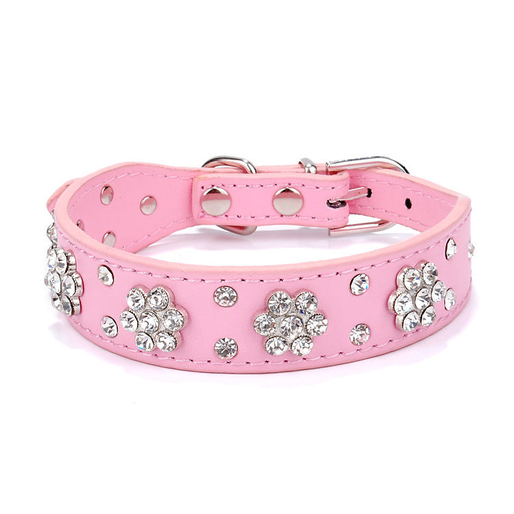 Ondaum Cute PU Leather Dog Collar - Rhinestone Flower Pattern Studded Collar for Small and Medium Dogs