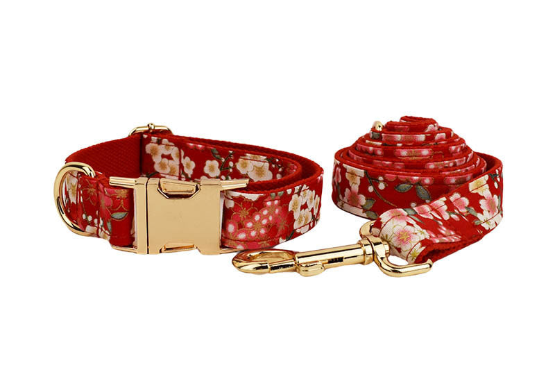 Japanese Floral Dog Collar Alloy Buckle Hand Holding Rope Pet Collar