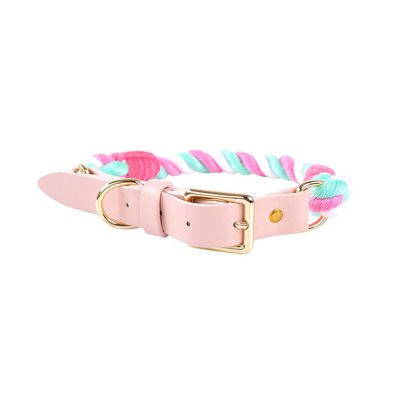 Hand Woven Cotton Rope Leather Pu Collar Pet Collar