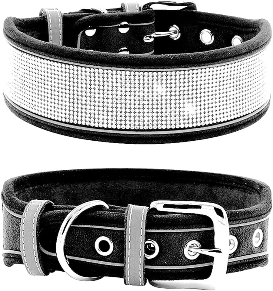 Suede Reflective Rhinestone Dog Collar with Rope