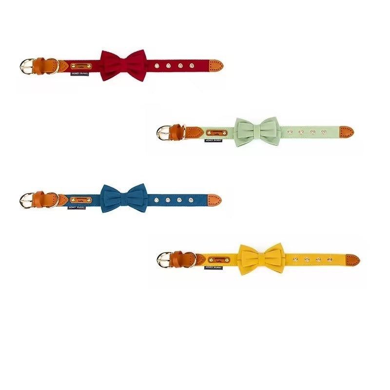 Ondaum Leather Bowknot Dog Collar with Hand Holding Rope – Stylish Pet Accessory with Alloy Details