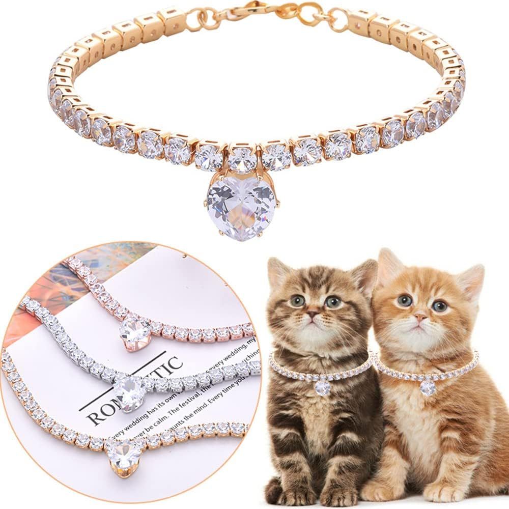 Bling Rhinestones Heart-Shaped Cat and Dog Necklace - Elegant Pet Gem Necklace for Cats and Dogs - Sparkling Rhinestone Collar for Pets