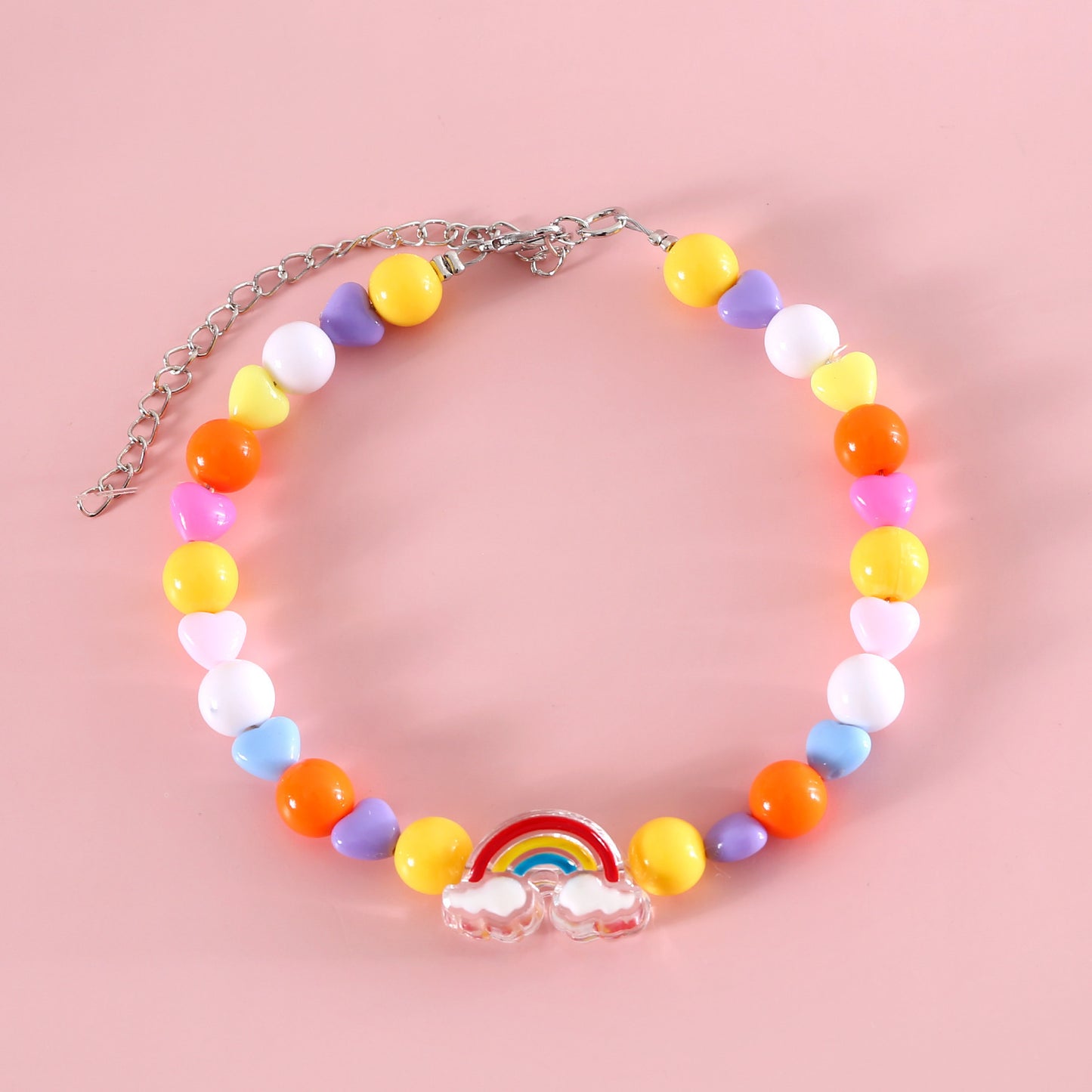 INS South Korea Colorful Pearl Pet Necklace Small Flower Rainbow Peach