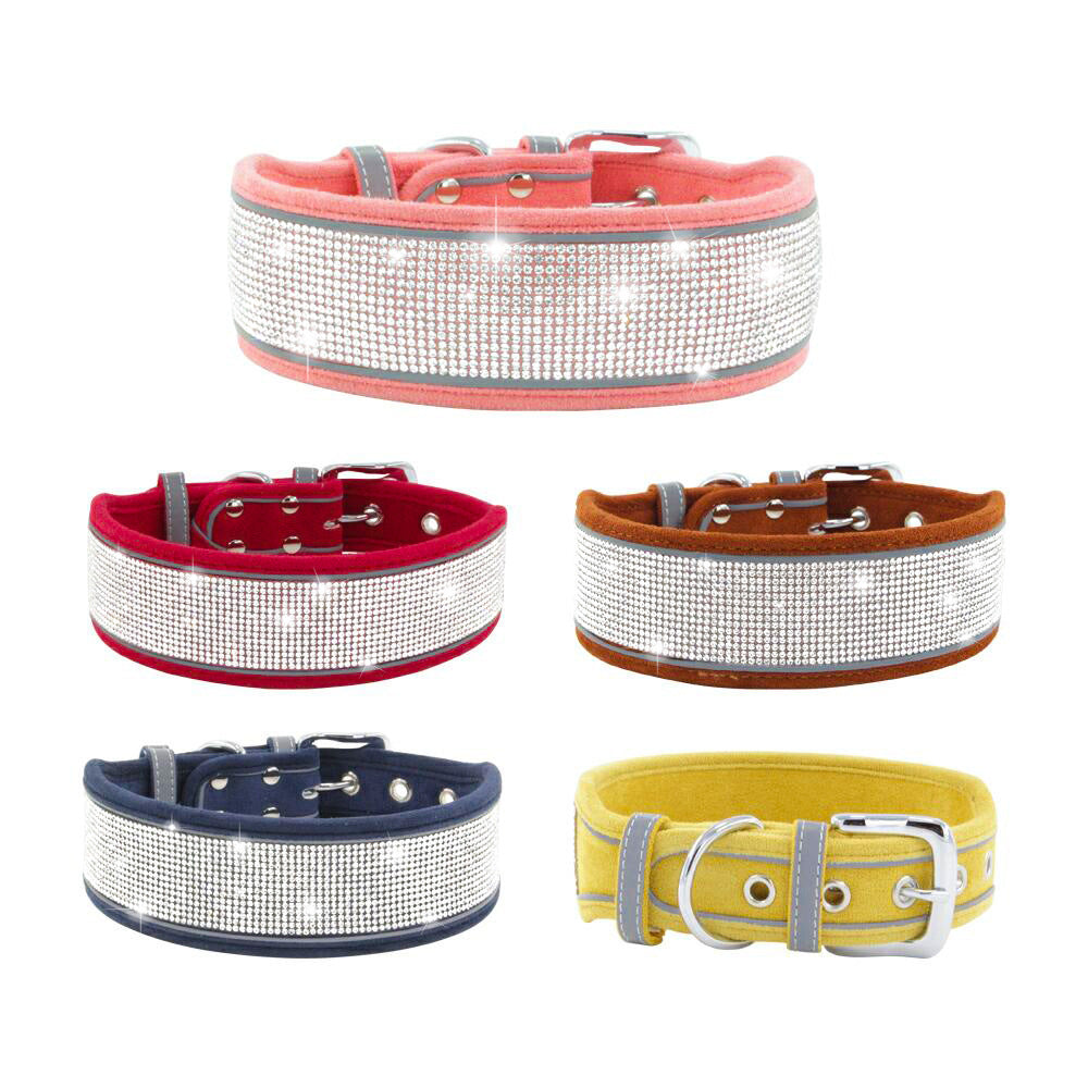 Suede Reflective Rhinestone Dog Collar with Rope