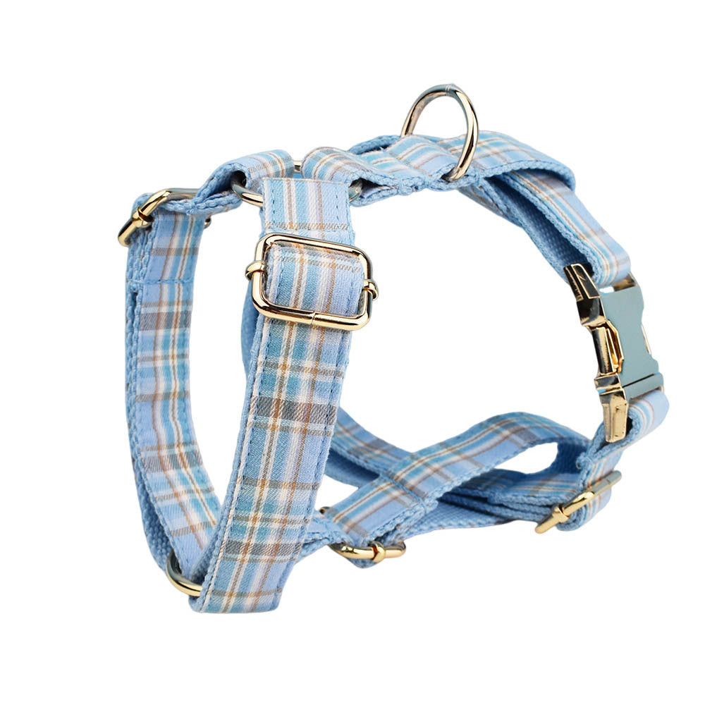 Sky Blue Grid Forest Series Dog Collar & Leash Set – 4-Piece Pet Accessory Kit for Weddings, Parties, and Holidays
