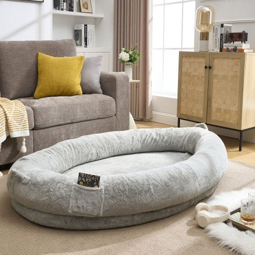Human Dog Bed For Adult, Giant Extra Large Memory Foam Human Size Pet Bed For People, Fluffy Plush Dog Bed For Human With Storage Pocket Cover Portable Handle Non-Slip Bottom