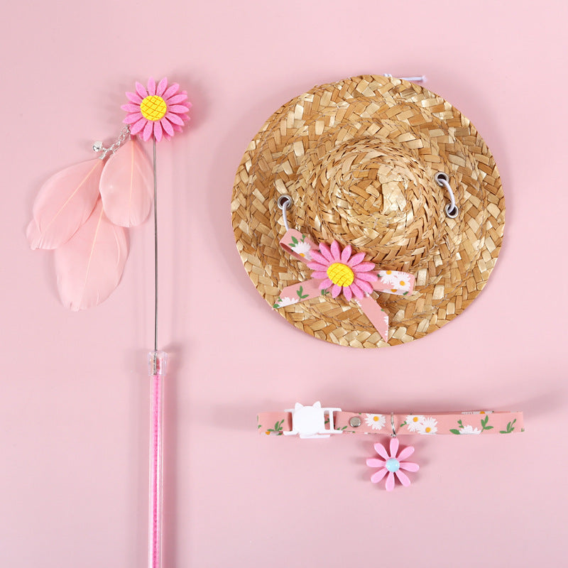 Small Daisy Sun Flower Bell Funny Cat Stick Collar Bow Straw Hat