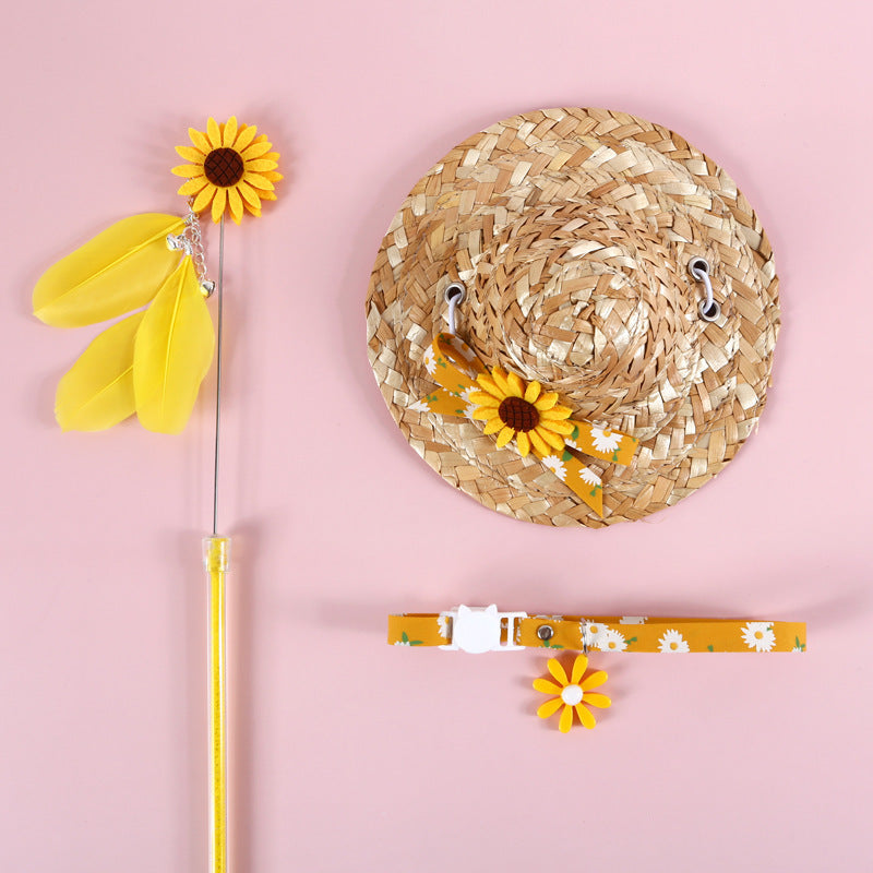Small Daisy Sun Flower Bell Funny Cat Stick Collar Bow Straw Hat