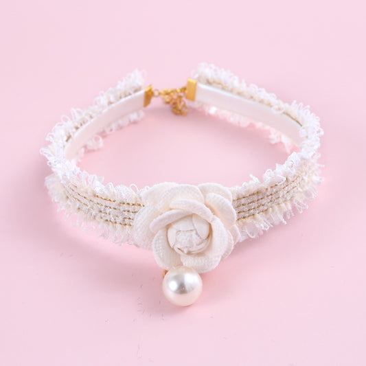 Hand-Woven Small Fragrant Wind Camellia Pu Adjustable Cat Fairy Collar Bell Pearl Flower Pet Bib