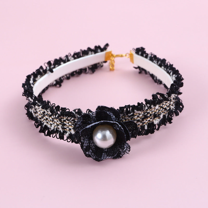 Hand-Woven Small Fragrant Wind Camellia Pu Adjustable Cat Fairy Collar Bell Pearl Flower Pet Bib
