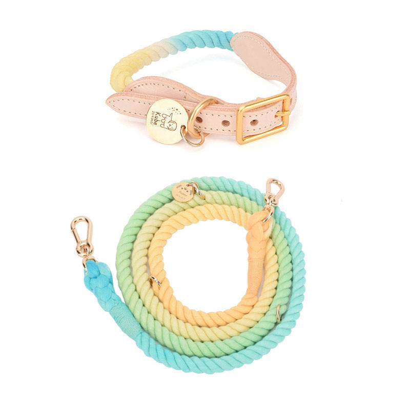 Multifunctional Rainbow Gradient Color Dog Traction Rope Collar Cotton Dog Walking Rope Hand-Woven Rope
