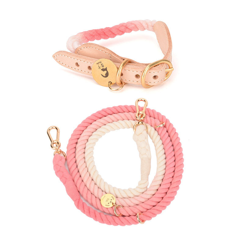 Multifunctional Rainbow Gradient Color Dog Traction Rope Collar Cotton Dog Walking Rope Hand-Woven Rope