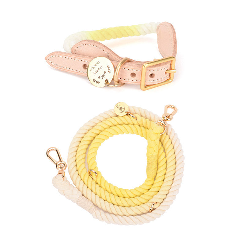 Multifunctional Rainbow Gradient Color Dog Traction Rope Collar Cotton Dog Walking Rope Hand-Woven Rope