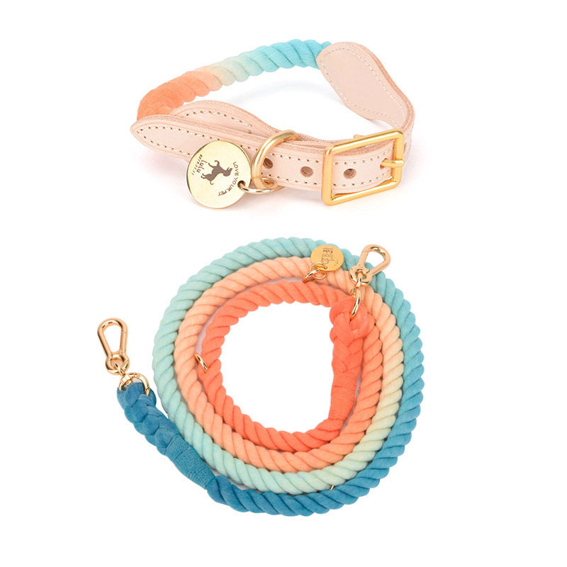 Multifunctional Rainbow Gradient Color Dog Traction Rope Collar Cotton Dog Walking Rope Hand-Woven Rope