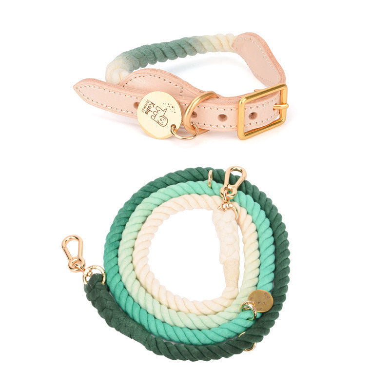 Multifunctional Rainbow Gradient Color Dog Traction Rope Collar Cotton Dog Walking Rope Hand-Woven Rope