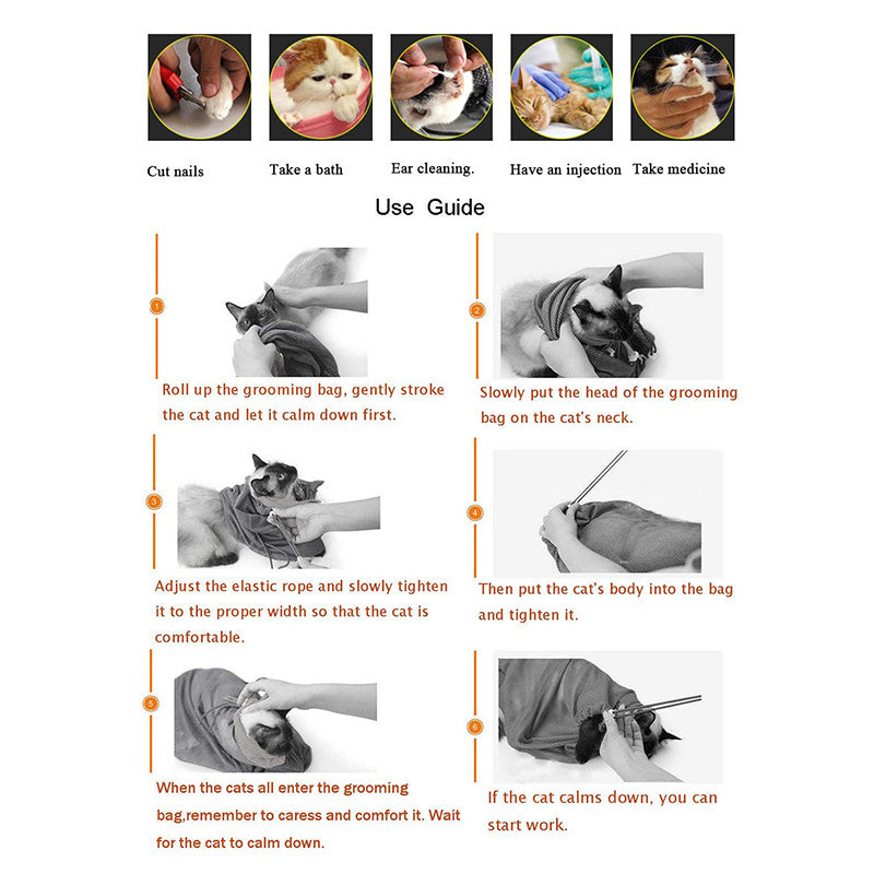Pet Soft Cat Grooming Bag Adjustable Multifunctional Polyester Cat Washing Shower Mesh Bags Pet Nail Trimming Bags