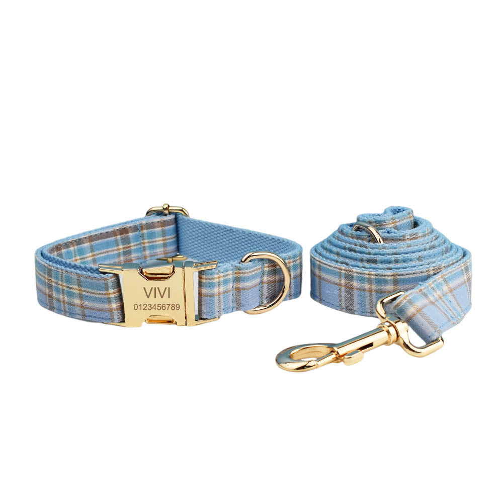 Sky Blue Grid Forest Series Dog Collar & Leash Set – 4-Piece Pet Accessory Kit for Weddings, Parties, and Holidays