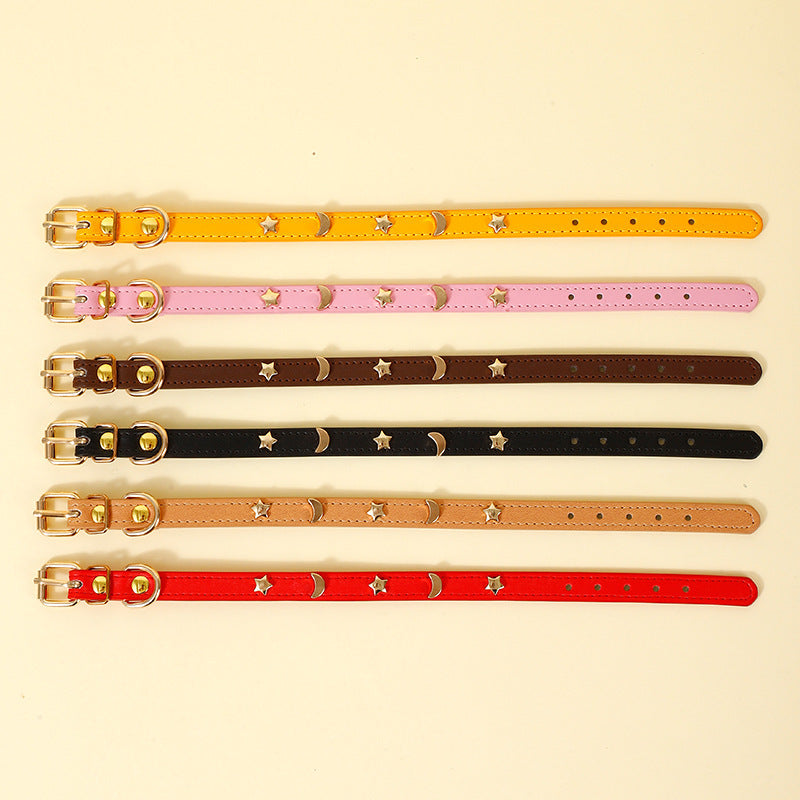 Ondaum Pet Collar Star Moon Simple Anti-Bite - Adjustable PU Leather, Four Seasons Suitable