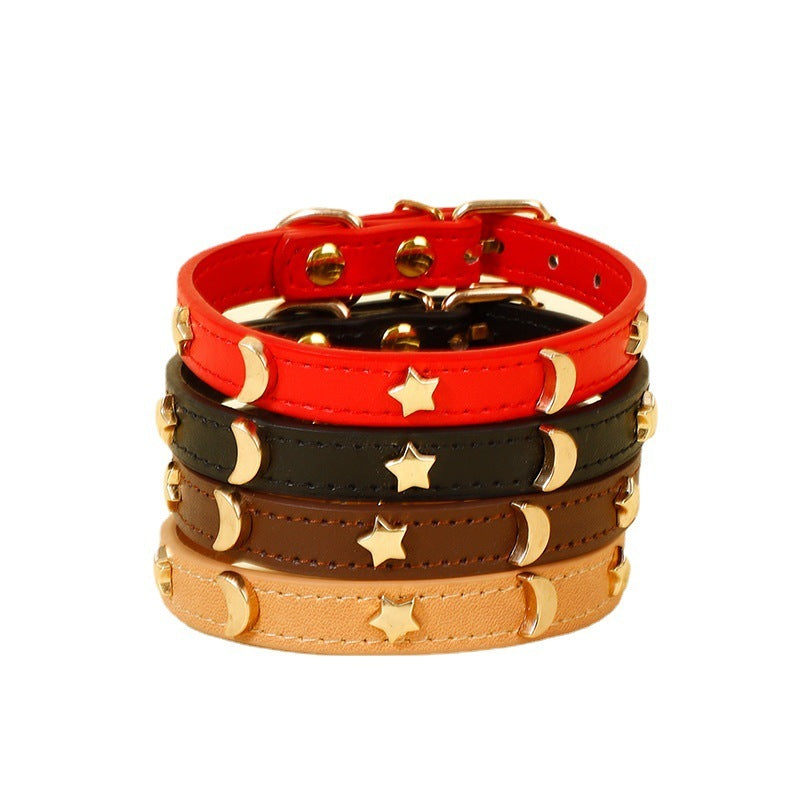 Ondaum Pet Collar Star Moon Simple Anti-Bite - Adjustable PU Leather, Four Seasons Suitable