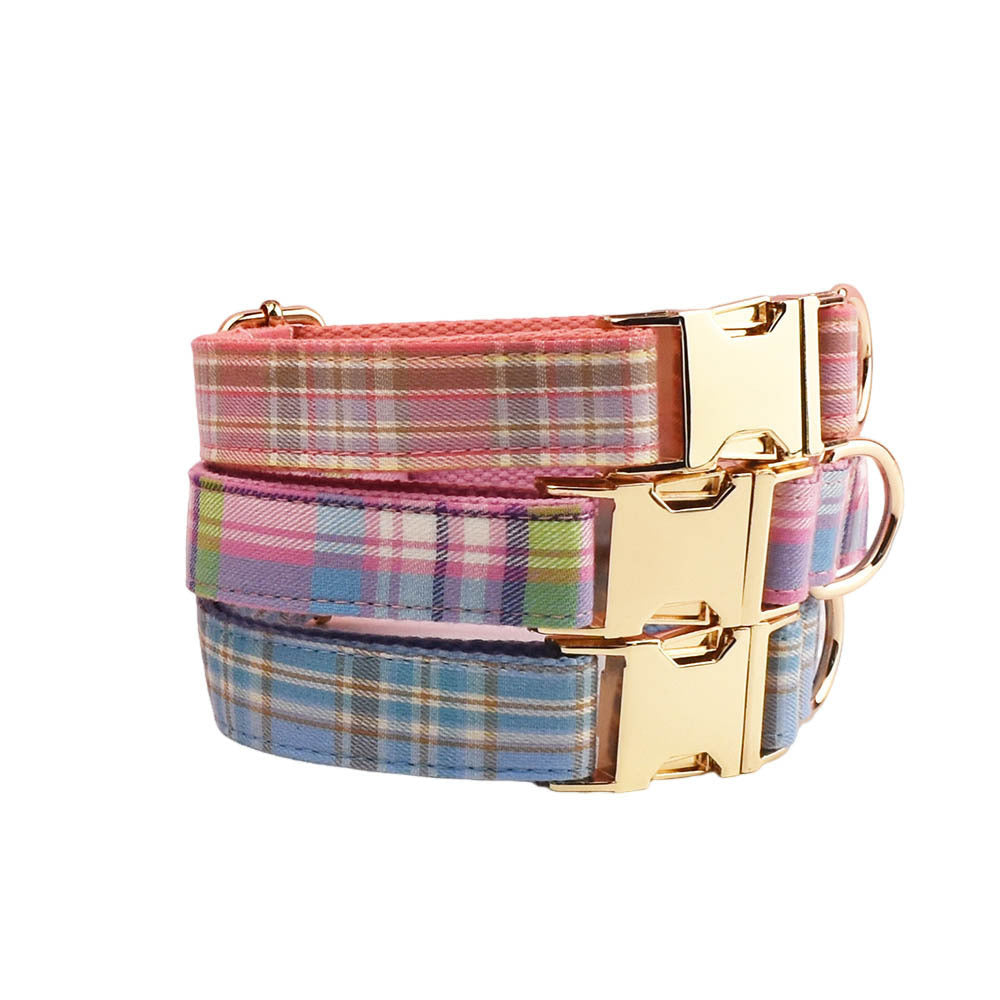 Sky Blue Grid Forest Series Dog Collar & Leash Set – 4-Piece Pet Accessory Kit for Weddings, Parties, and Holidays