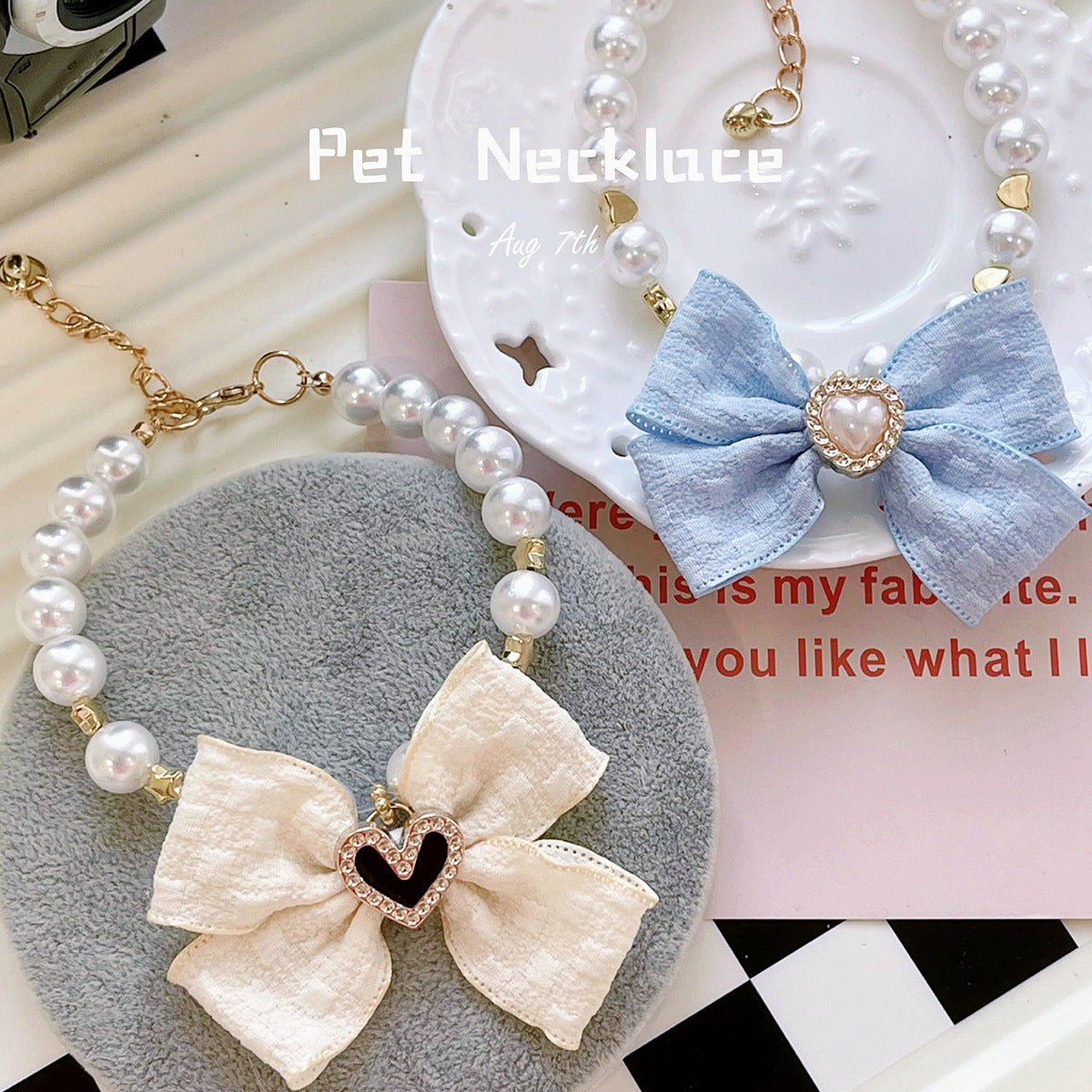 Ondaum Japanese Pet Necklace Pearl Collar Bow Jewelry - Elegant and Adjustable Pet Accessory for Style and Comfort
