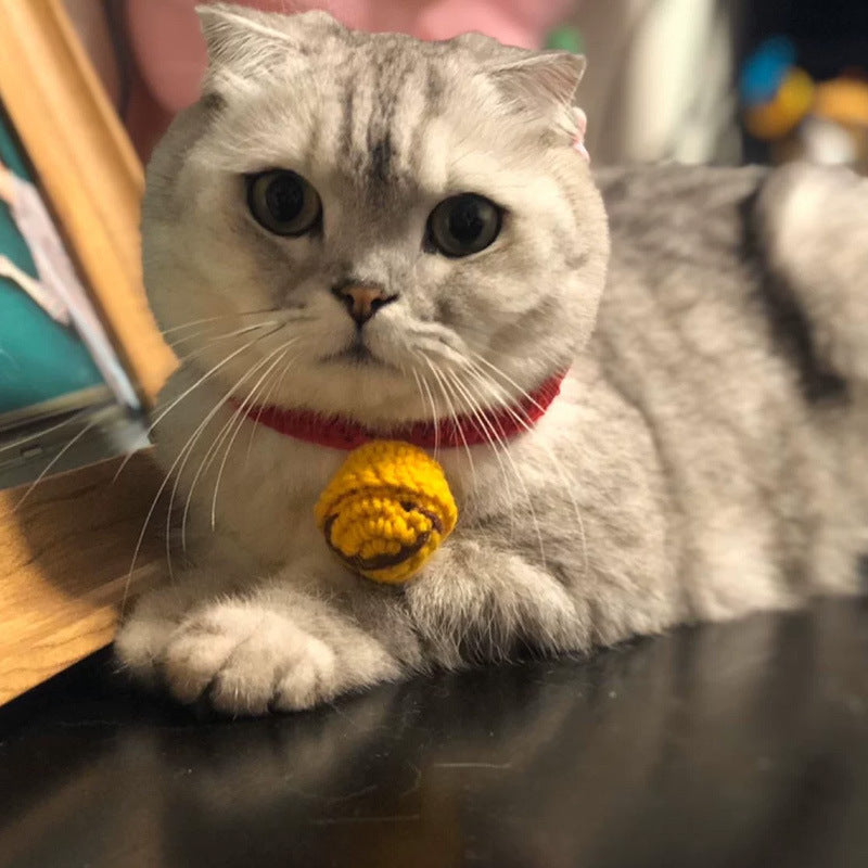 Adjustable Wool Cartoon Pet Collar – Red & Yellow | Festive Cat Collar for All Seasons