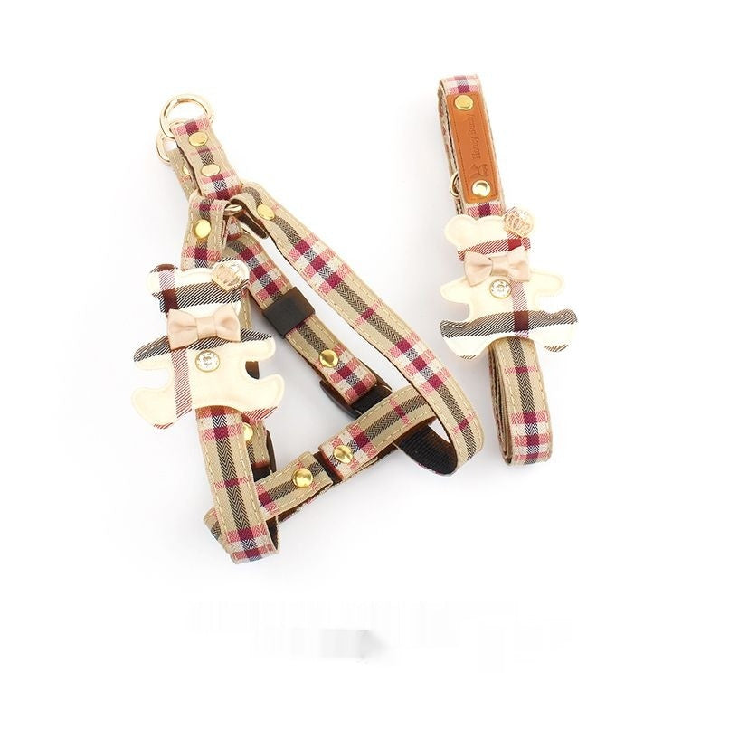 Pet Dog Harness 2 Sets Classic Plaid Bow Collar
