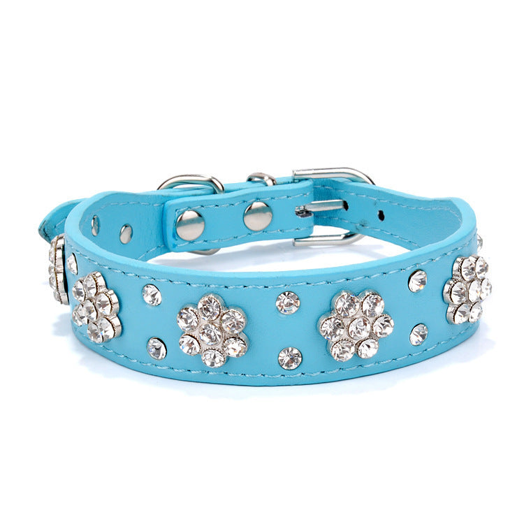 Ondaum Cute PU Leather Dog Collar - Rhinestone Flower Pattern Studded Collar for Small and Medium Dogs