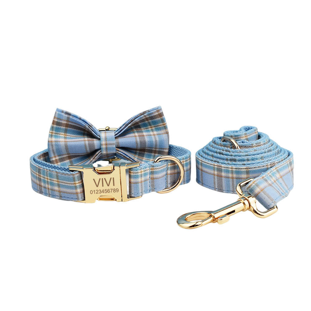 Sky Blue Grid Forest Series Dog Collar & Leash Set – 4-Piece Pet Accessory Kit for Weddings, Parties, and Holidays