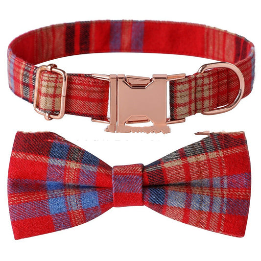 Ondaum Plaid Bow Dog Collar with Metal Buckle – British Style, Durable, and Adjustable