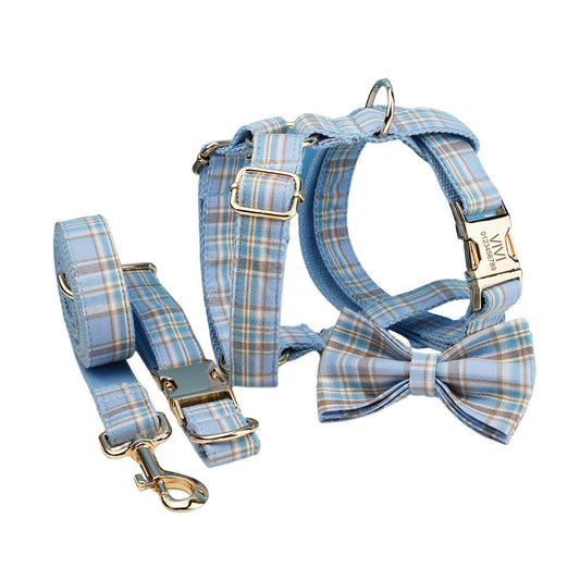Sky Blue Grid Forest Series Dog Collar & Leash Set – 4-Piece Pet Accessory Kit for Weddings, Parties, and Holidays