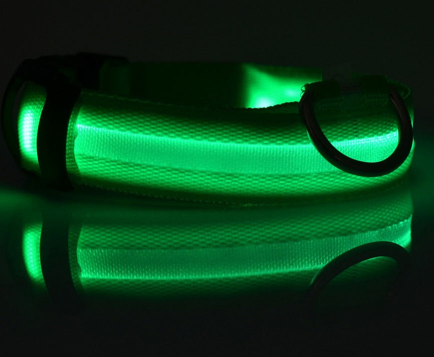 Adjustable LED Dog Collar - Nylon, Glow-in-Dark, USB/Battery Options