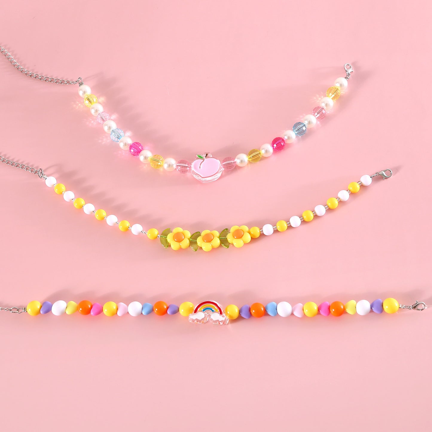 INS South Korea Colorful Pearl Pet Necklace Small Flower Rainbow Peach