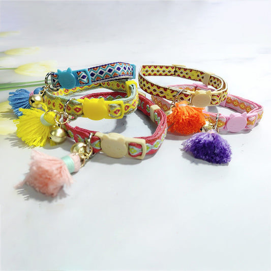 Ondaum Pet Anti-Suffocation Safety Buckle Cat Collar with Tassel Bell – Adjustable Anchor Chain Rope