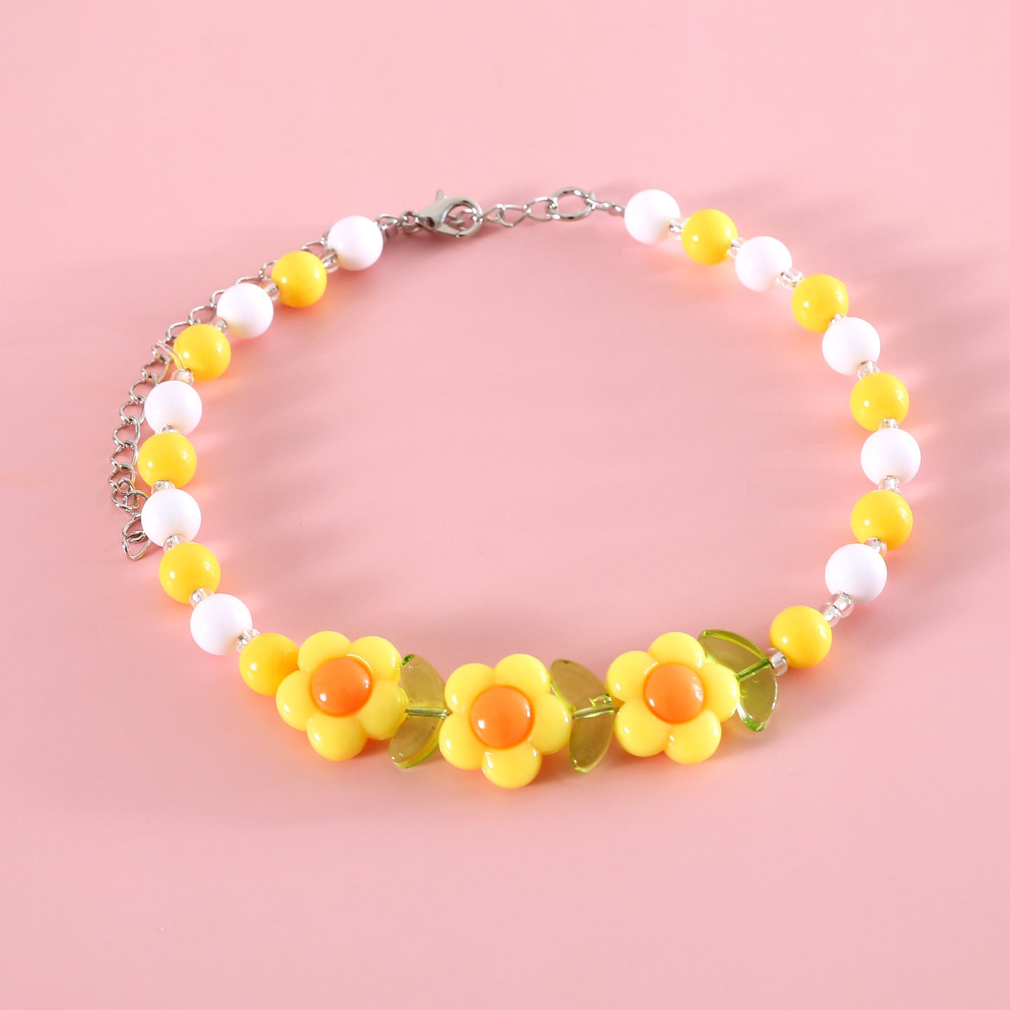 INS South Korea Colorful Pearl Pet Necklace Small Flower Rainbow Peach