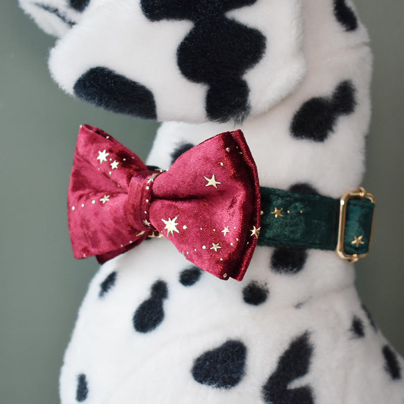 Pet Collar Bow Burgundy Star Flannel