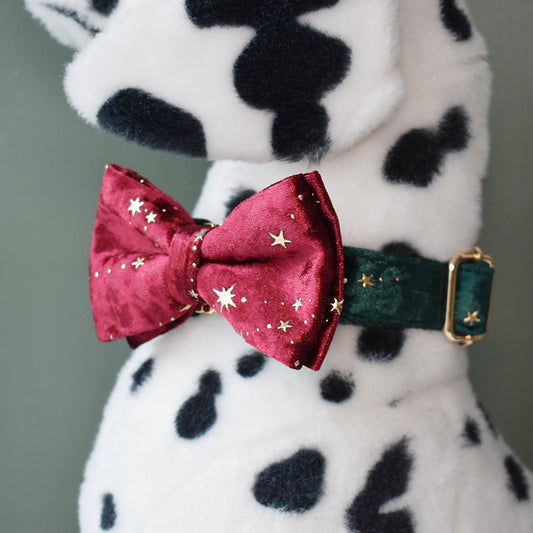 Pet Collar Bow Burgundy Star Flannel
