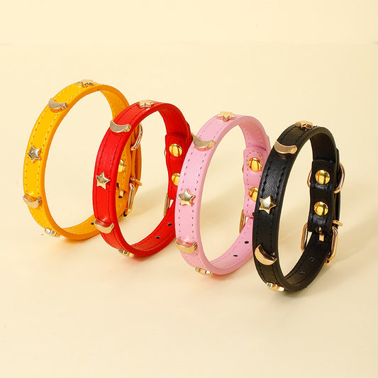 Ondaum Pet Collar Star Moon Simple Anti-Bite - Adjustable PU Leather, Four Seasons Suitable