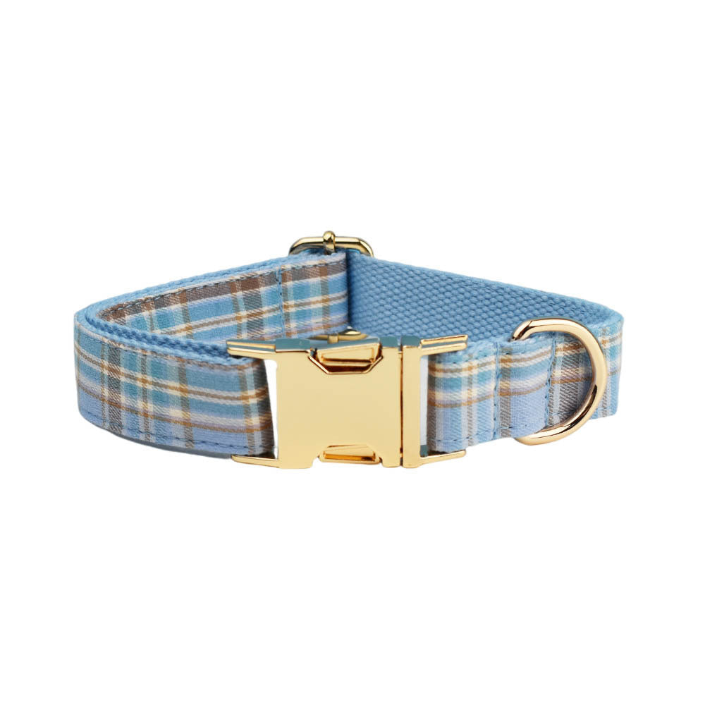 Sky Blue Grid Forest Series Dog Collar & Leash Set – 4-Piece Pet Accessory Kit for Weddings, Parties, and Holidays