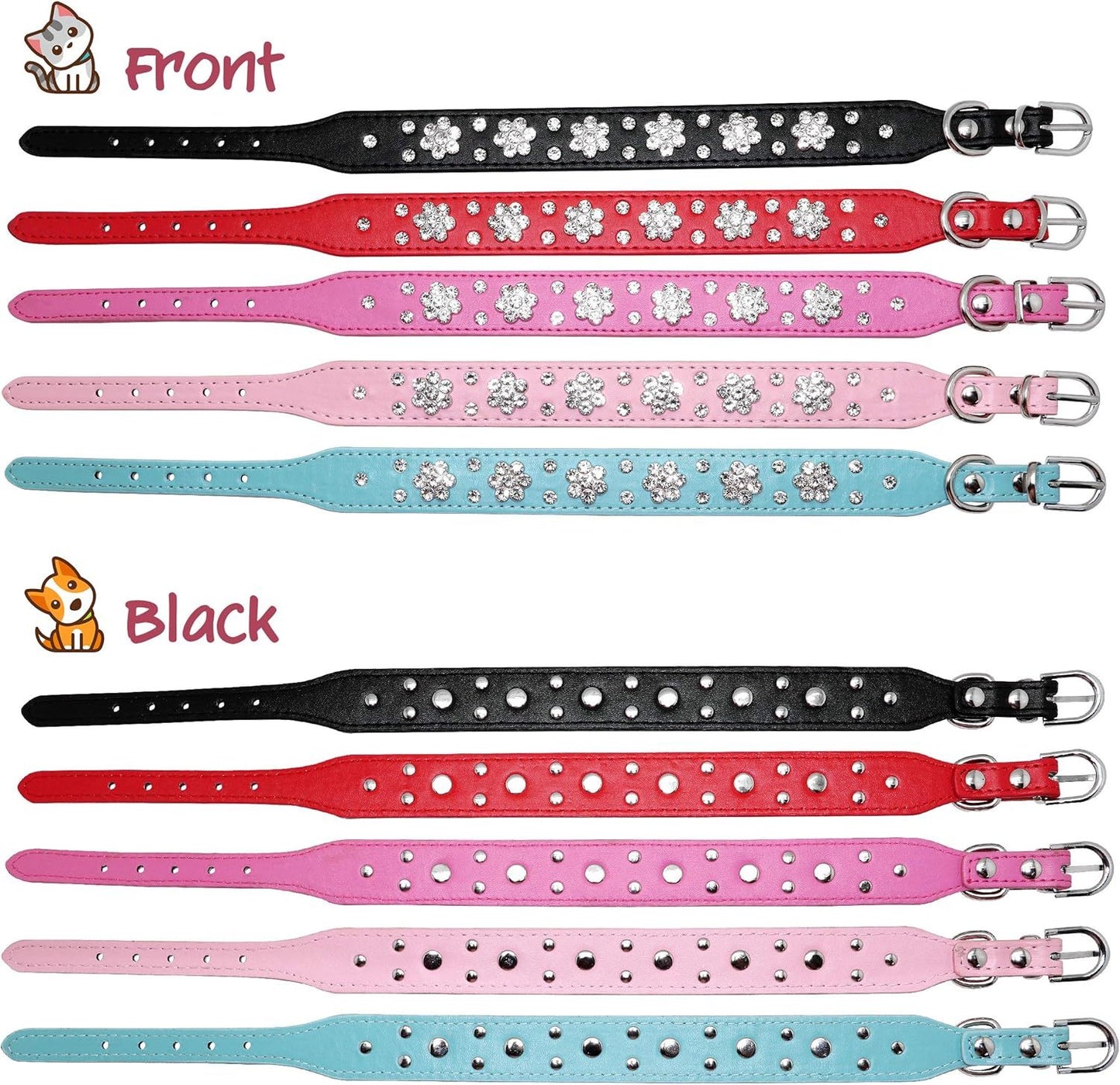 Ondaum Cute PU Leather Dog Collar - Rhinestone Flower Pattern Studded Collar for Small and Medium Dogs